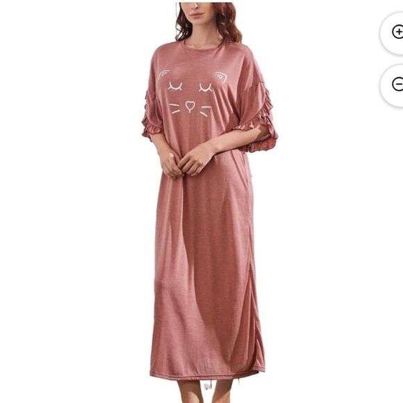 Women's Cartoon Cat face round neck ruffle sleeve sleep/lounge mocha maxi dress - Picture 1 of 10